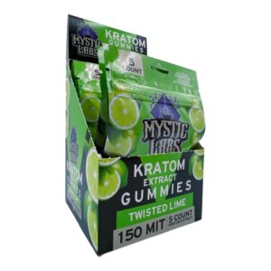 display box of Mystic Labs Kratom Gummies, Twisted Lime 150mg MIT 5ct
