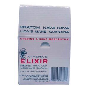 back of box of Athena's Elixir Kratom Kava Shot 50mg Kratom 300mg Kava