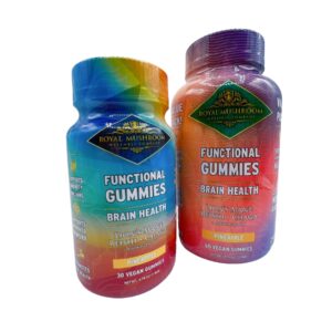 two bottles of Royal Mushroom Brain Health Mushroom Mix Pineapple