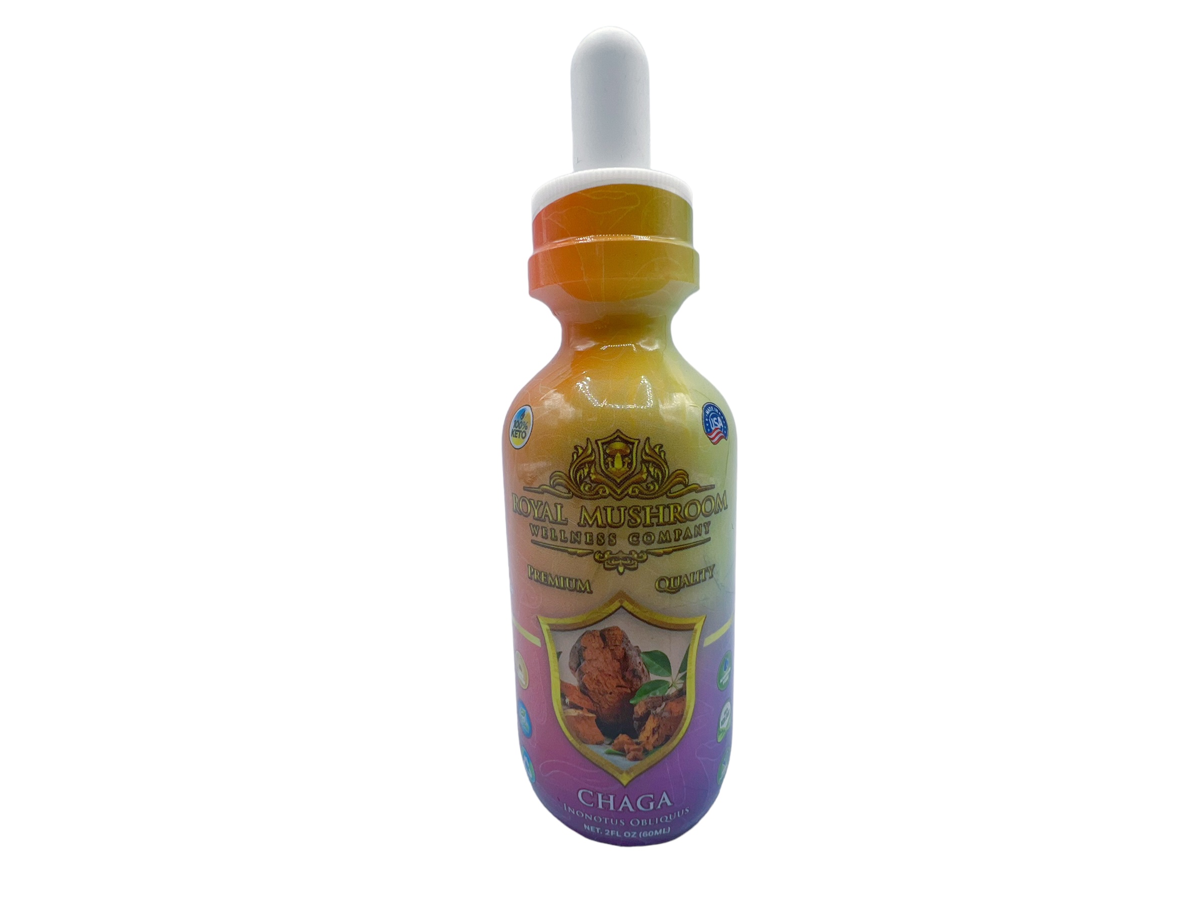front of bottle of Royal Mushroom Chaga Mushroom Oil Tincture 60mL