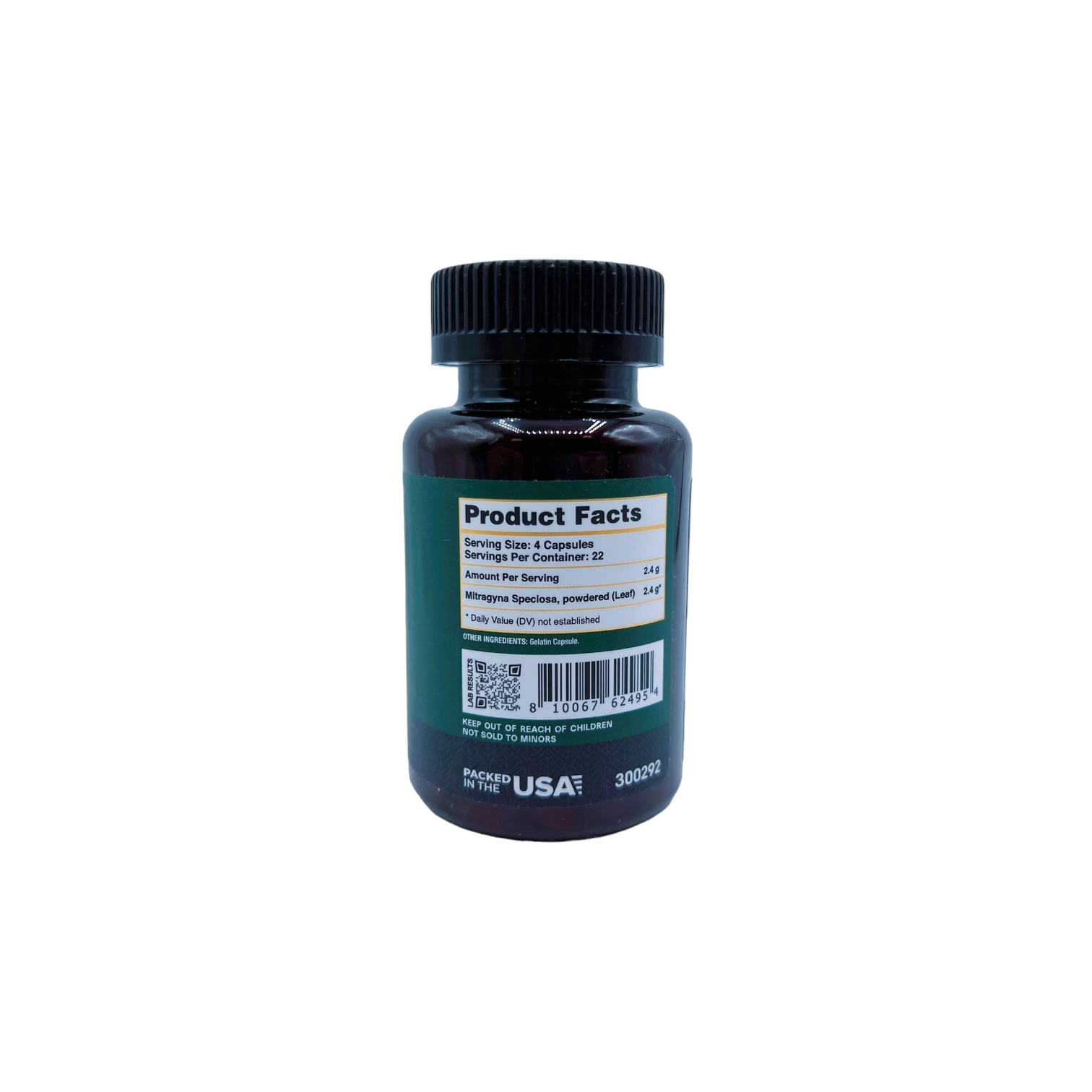 product facts for Kats Botanical Super Green Kratom Capsules