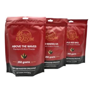 three bags of Kats Kratom Red Maeng Da Powder