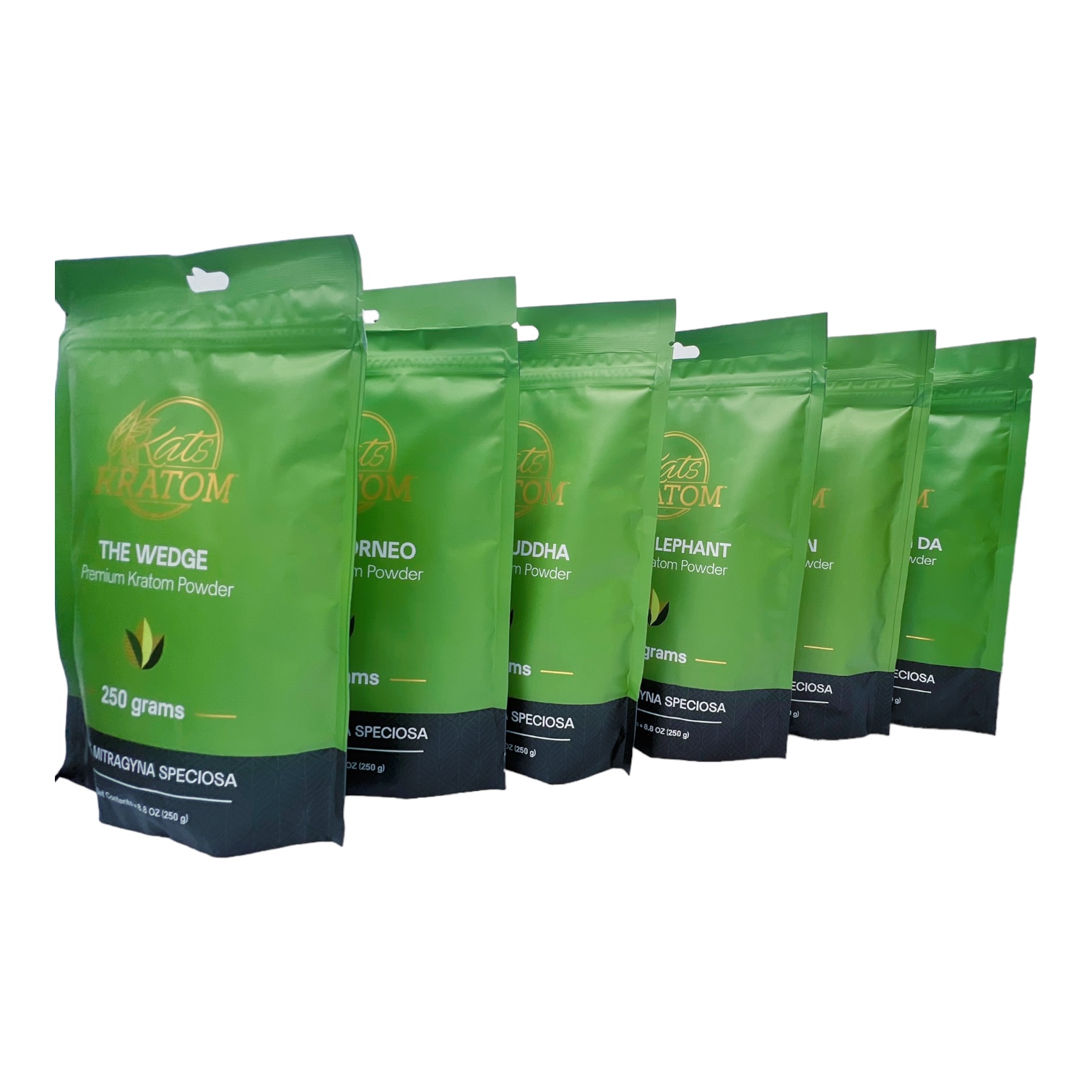 line of bags of Kats Kratom Digital Buddha Kratom Powder