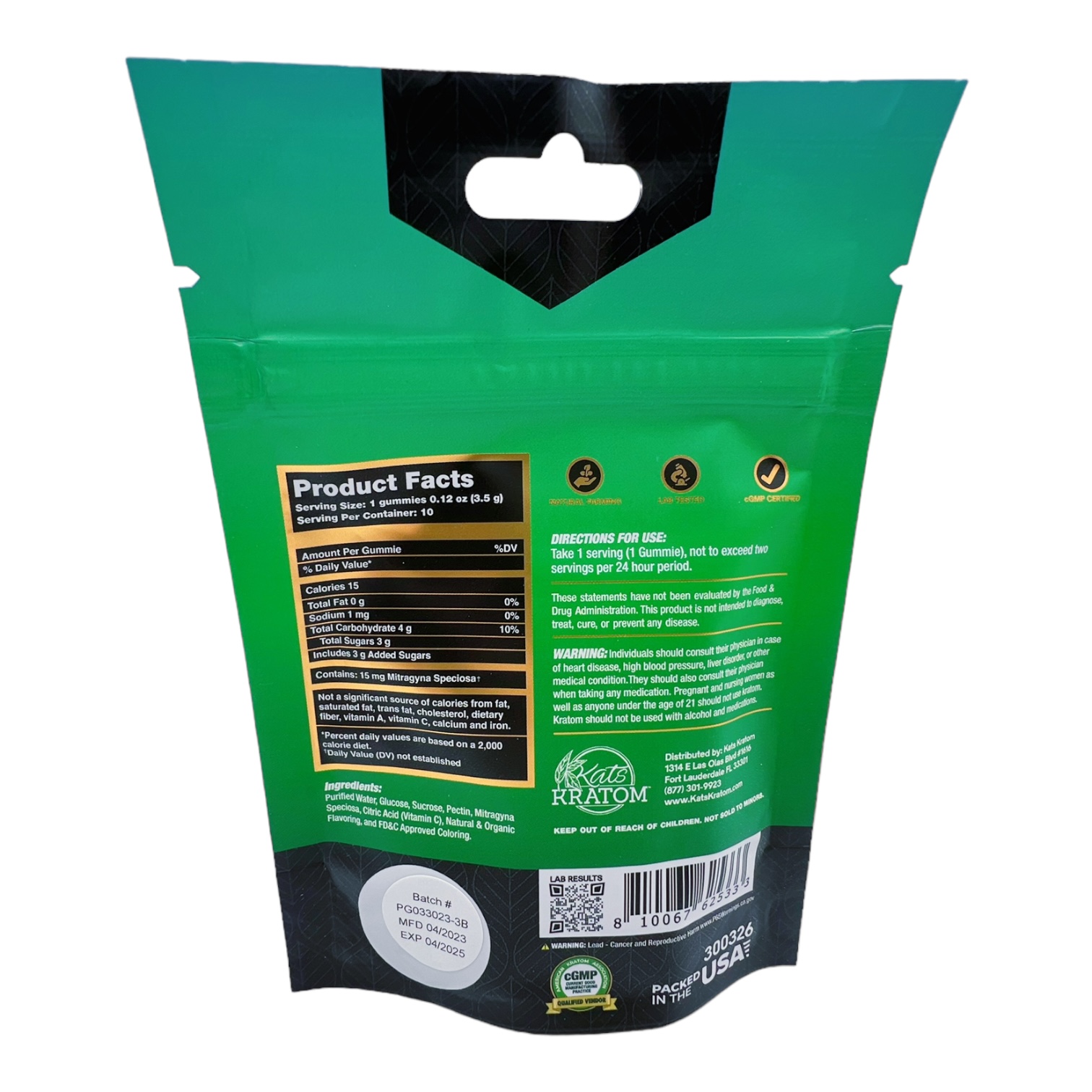 back of package of Kats Kratom Kratom Gummies Mojito Splash 10ct