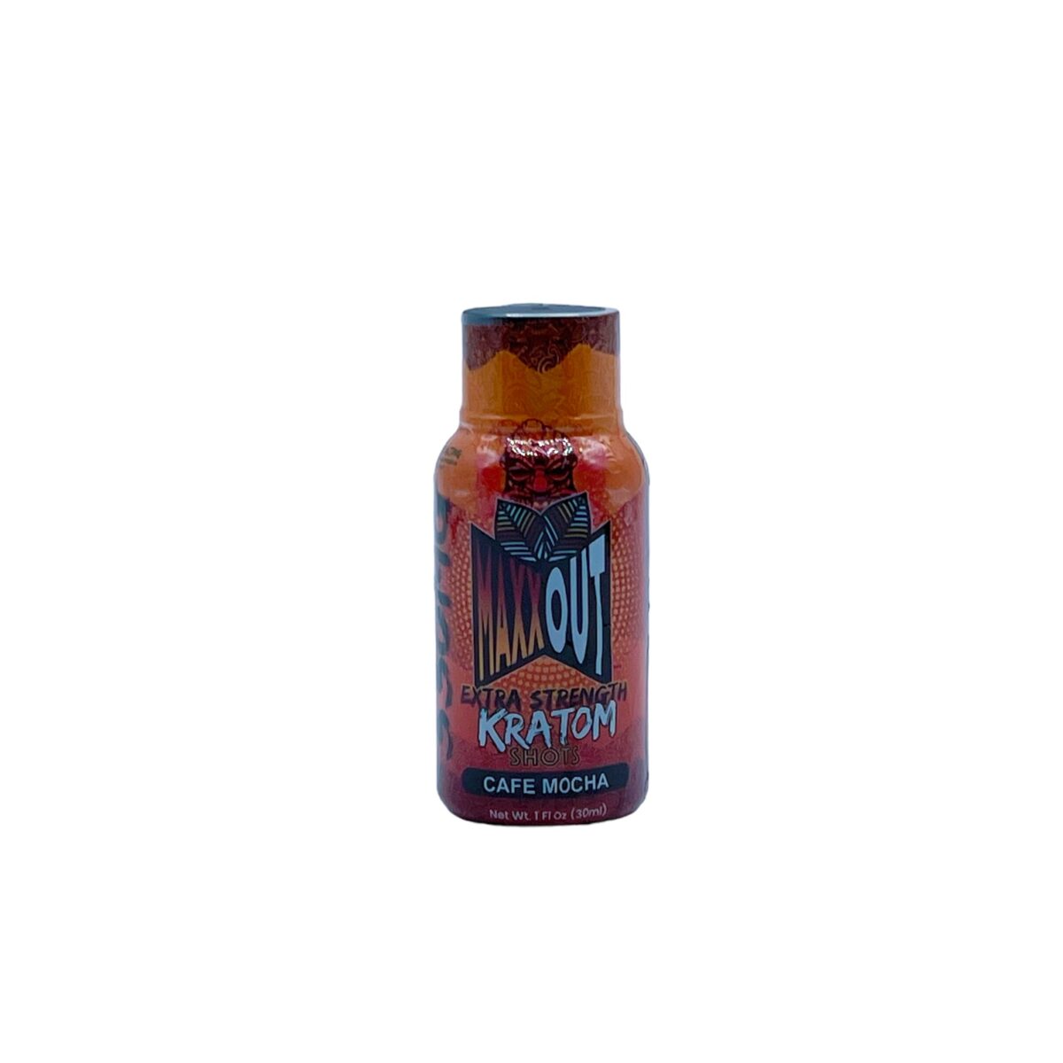 front of bottle of Maxxout Kratom Cafe Mocha Shot 330mg 30mL