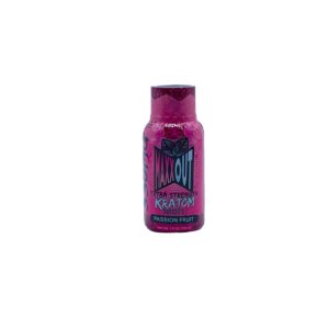 front of bottle of Maxxout Kratom Passion Fruit Shot 330mg 30mL