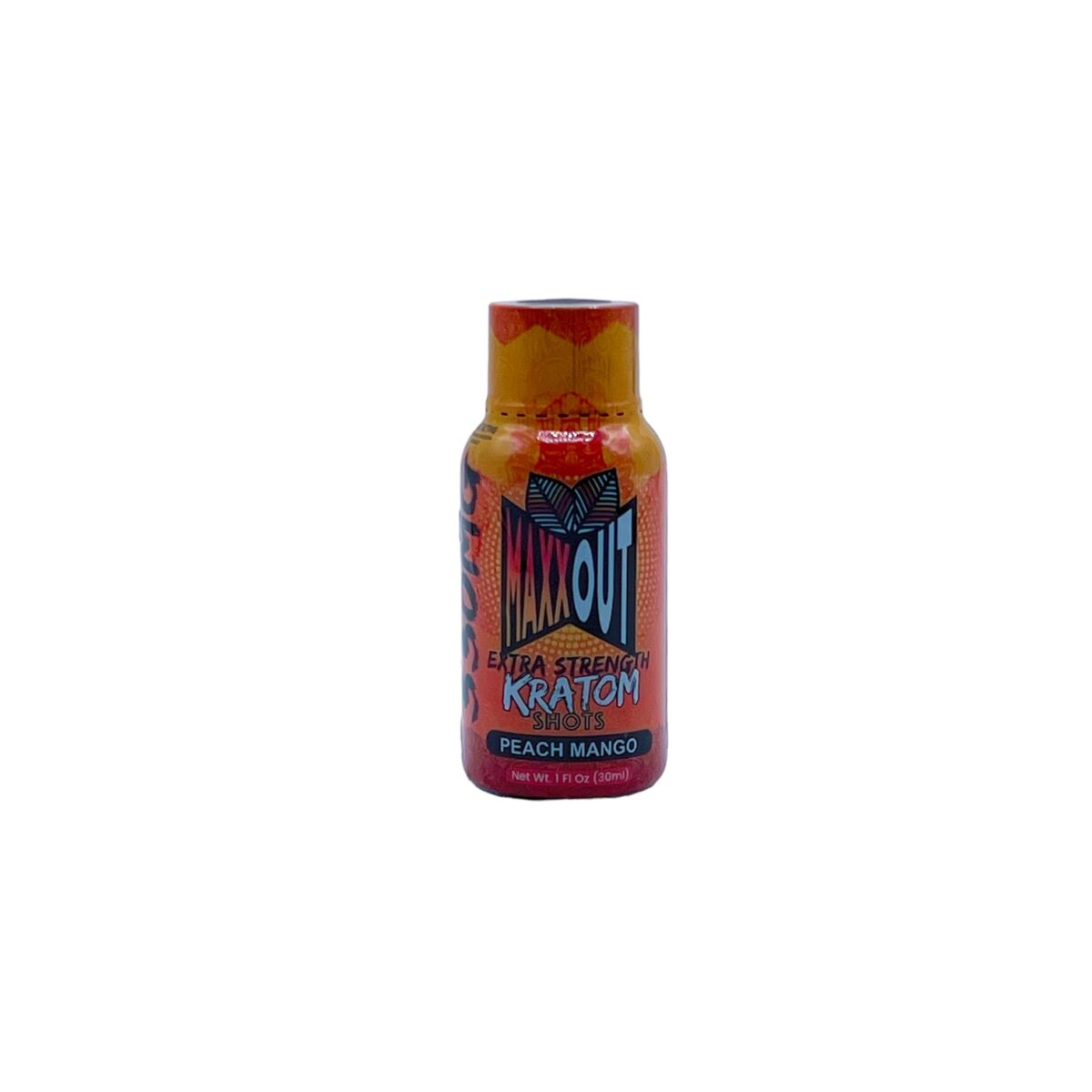 front of bottle of Maxxout Kratom Peach Mango Shot 330mg 30mL