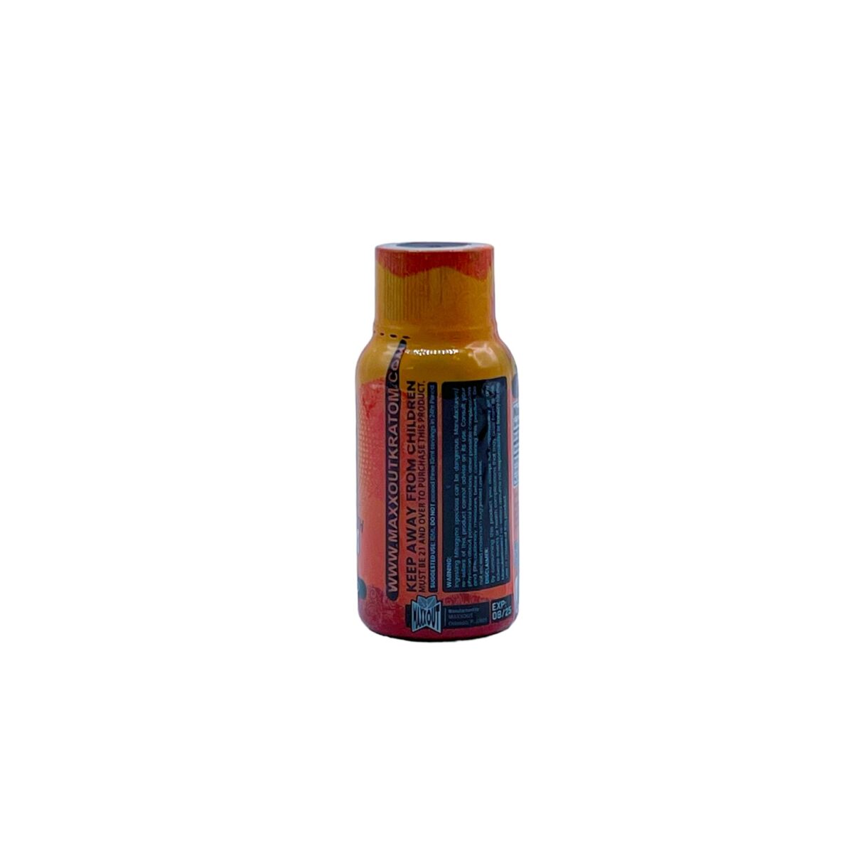 side of bottle of Maxxout Kratom Peach Mango Shot 330mg 30mL