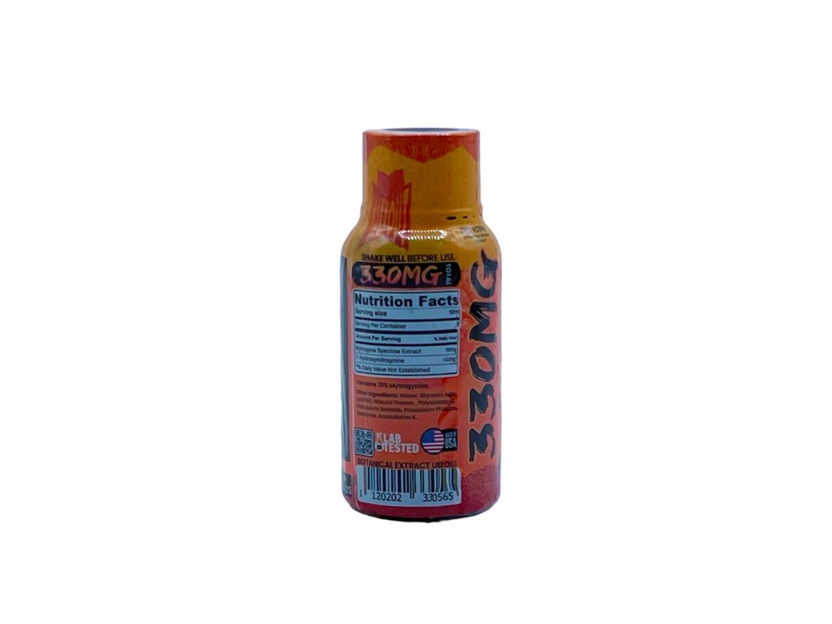 nutrition facts for Maxxout Kratom Peach Mango Shot 330mg 30mL
