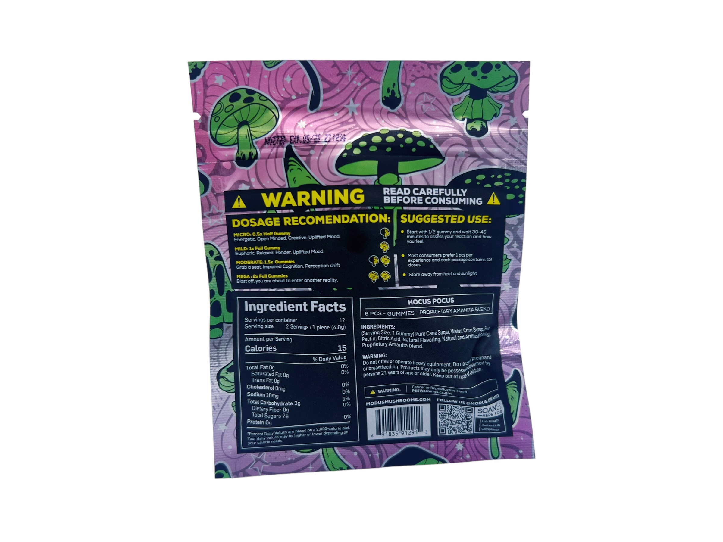 back of bag of Modus Voodoo Mushrooms Hocus Pocus 6CT 3000MG