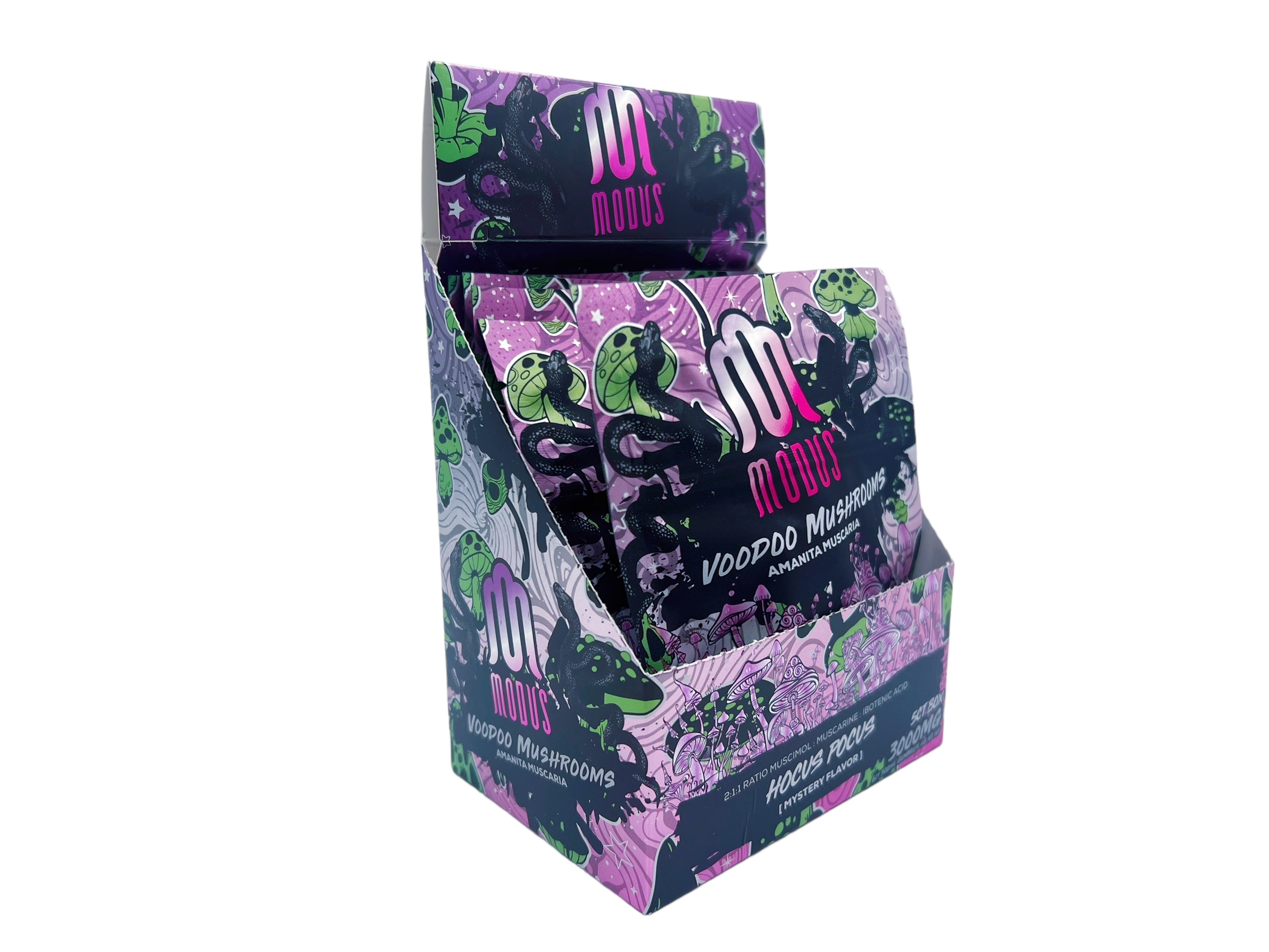 front of display box of Modus Voodoo Mushrooms Hocus Pocus 6CT 3000MG