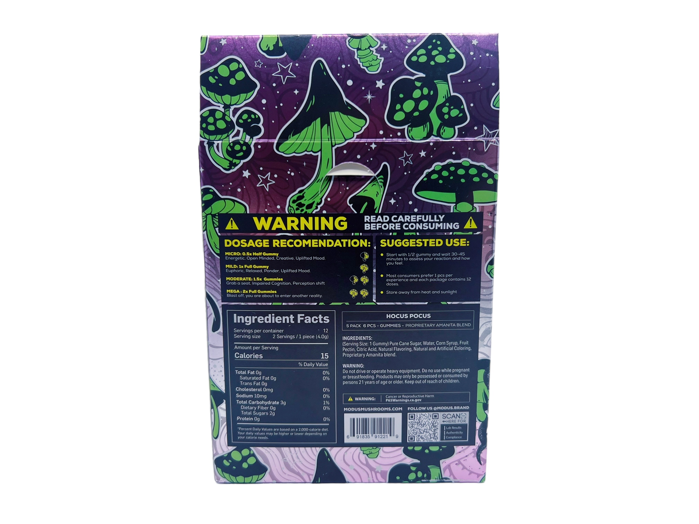 back of display box of Modus Voodoo Mushrooms Hocus Pocus 6CT 3000MG