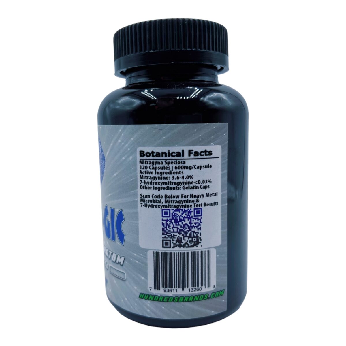 side of bottle of Blue Magic White Thai 2X Kratom Capsule 120ct