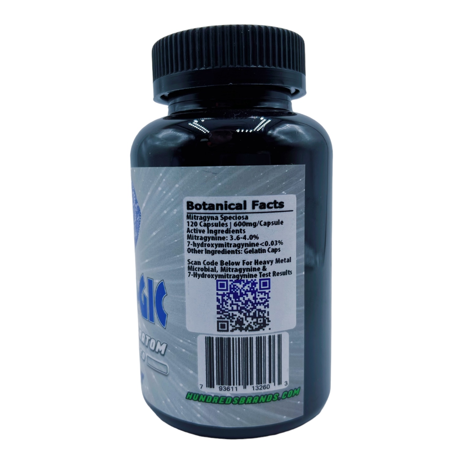 side of bottle of Blue Magic White Thai 2X Kratom Capsule 120ct