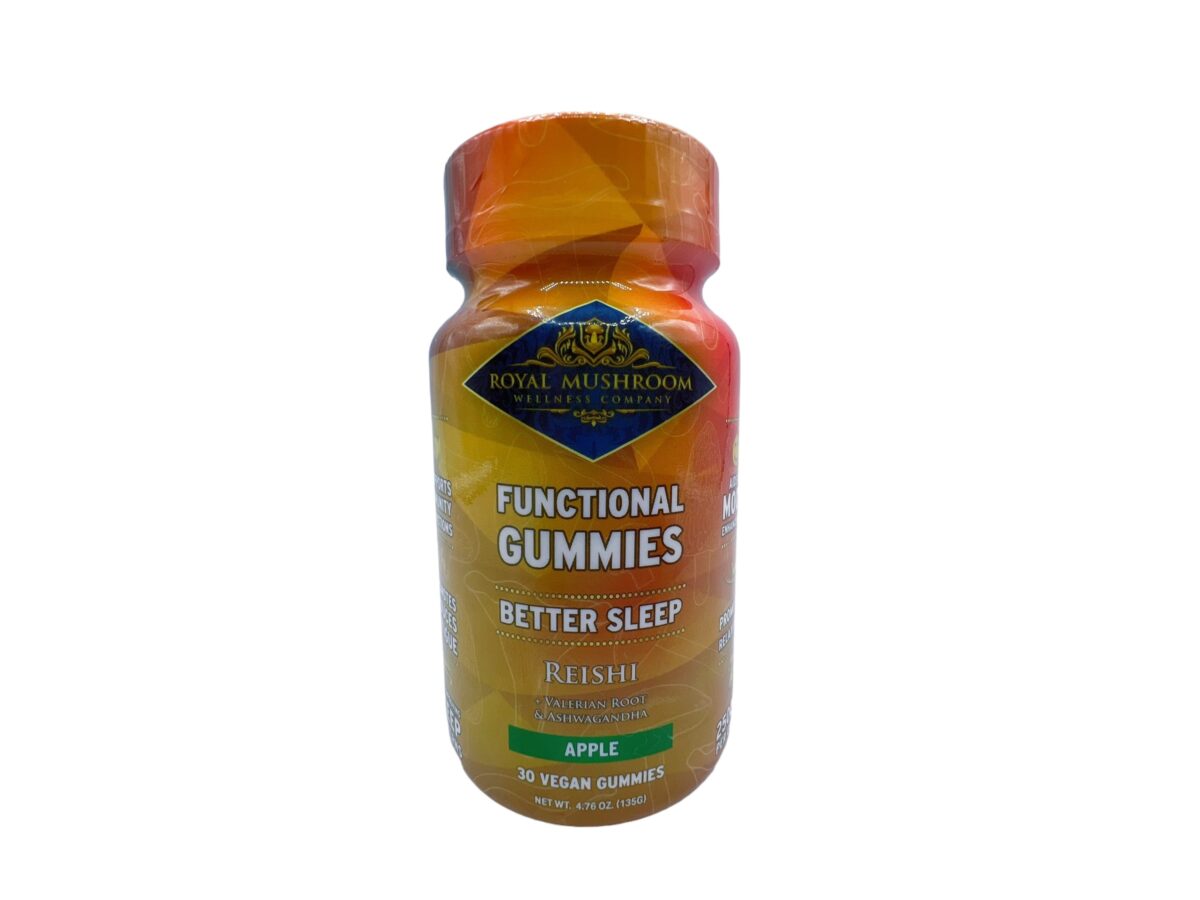 front of bottle of Royal Mushroom Better Sleep Reishi Gummies Apple
