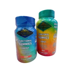 two bottles of Royal Mushroom Energy Mushroom Mix Gummies Peach