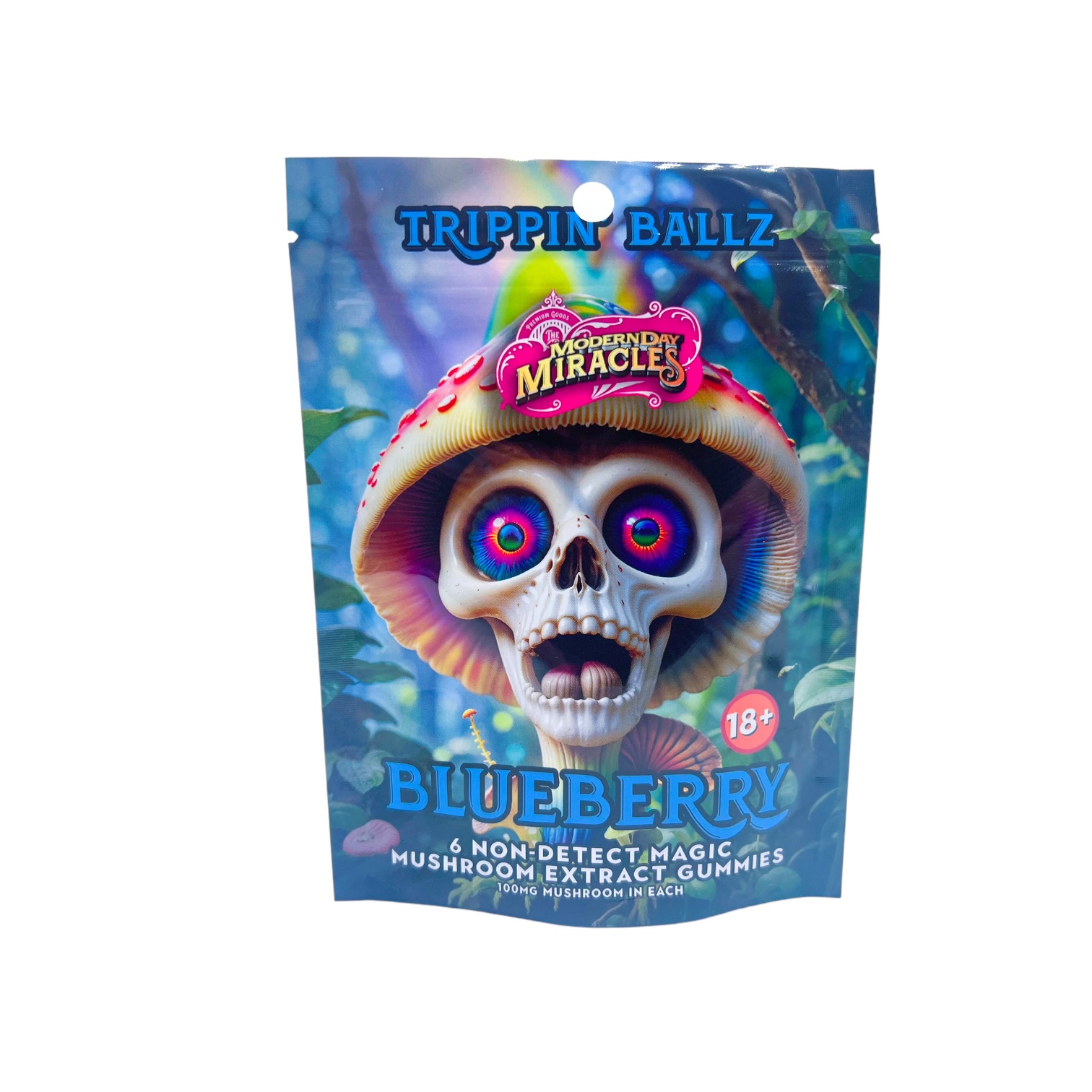 front of bag of Trippin Ballz Mushroom Gummies Blueberry 100MG