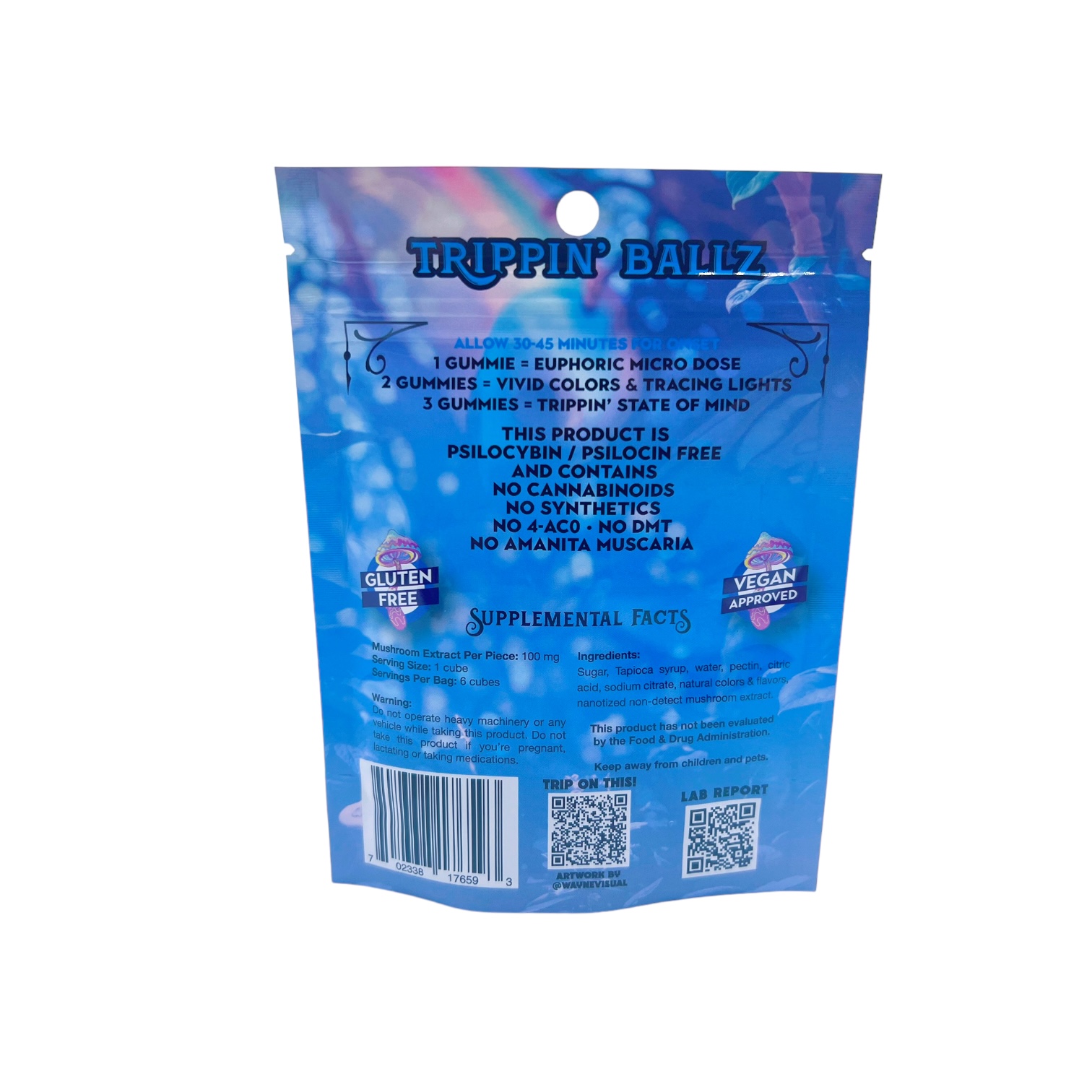 back of bag of Trippin Ballz Mushroom Gummies Blueberry 100MG