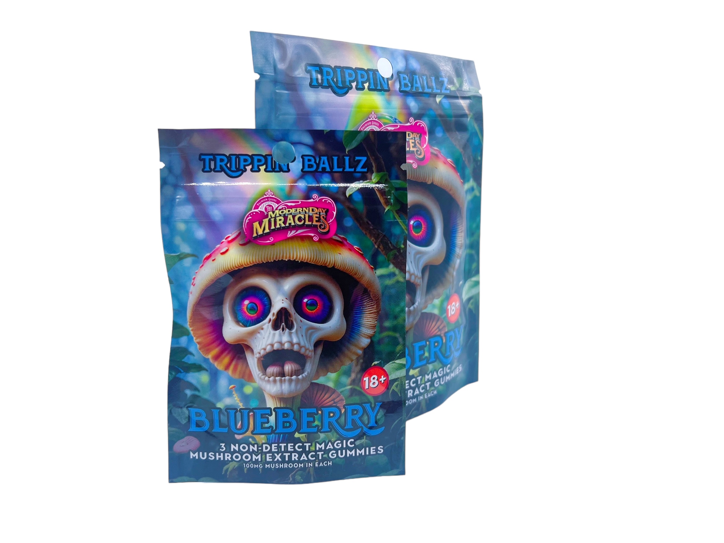 two bags of Trippin Ballz Mushroom Gummies Blueberry 100MG