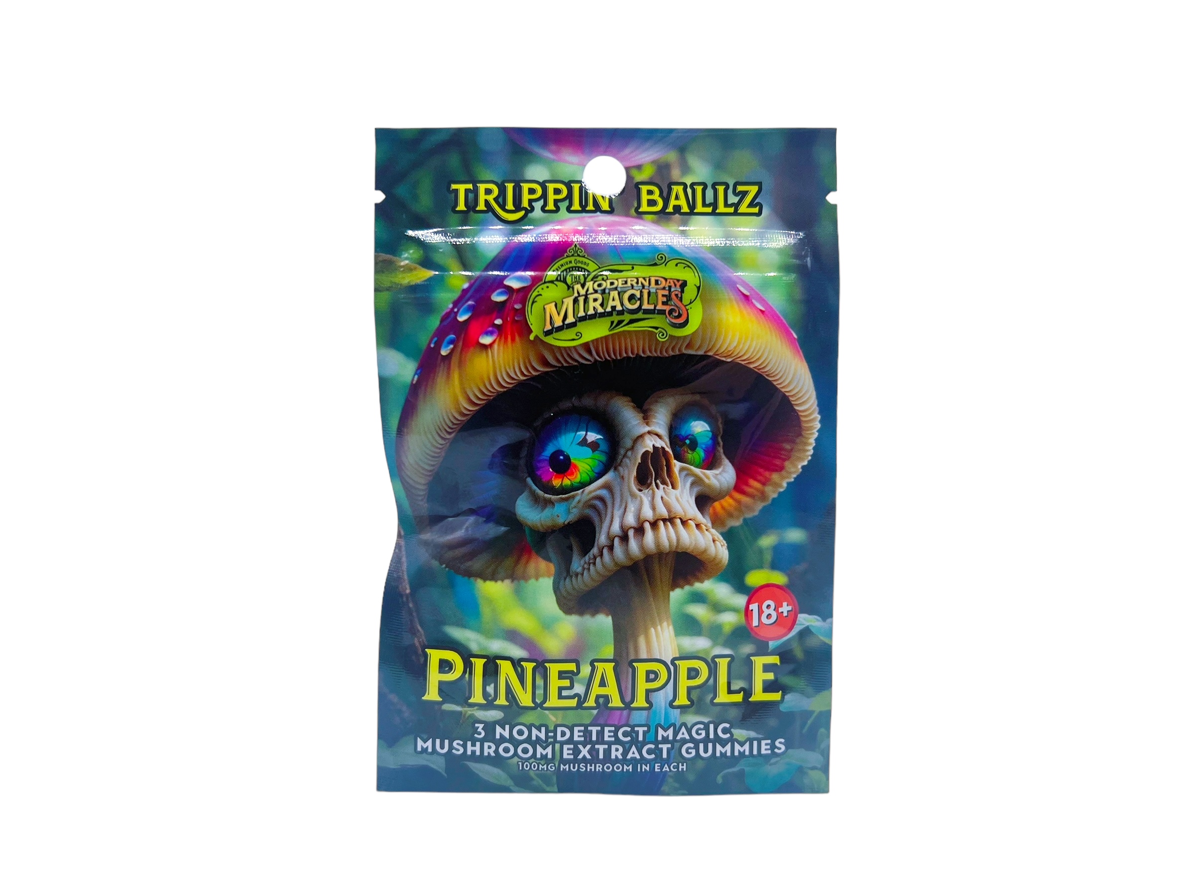 front of bag of Trippin Ballz Mushroom Gummies Pineapple 100MG (var 2)