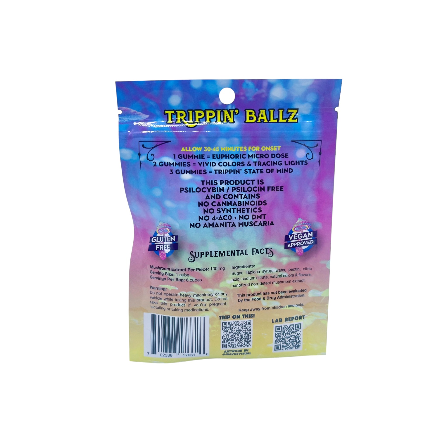 back of bag of Trippin Ballz Mushroom Gummies Pineapple 100MG