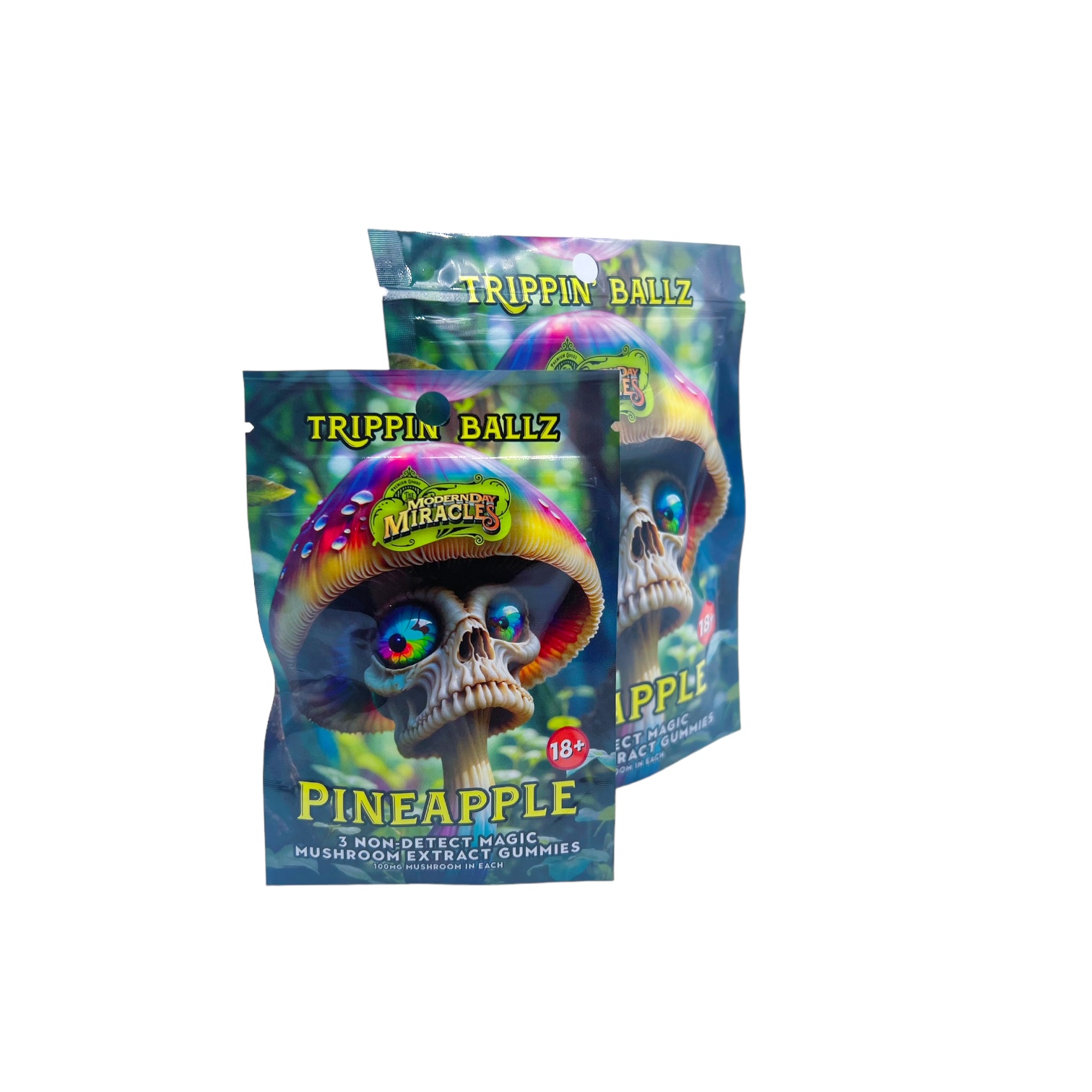two bags of Trippin Ballz Mushroom Gummies Pineapple 100MG