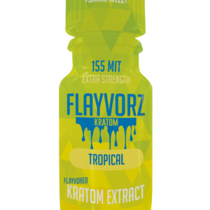 front of bottle of Flayvorz Kratom Shot Tropical 155mg MIT 10mL (var 1)