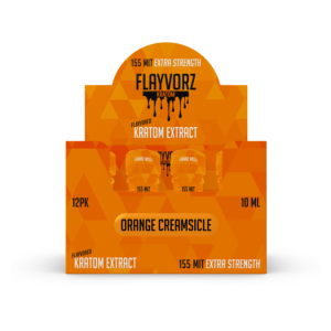 front of display box of Flayvorz Kratom Shot Orange Creamsicle 155mg MIT 10mL (var 1)