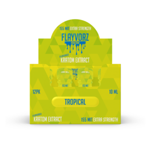 front of display box of Flayvorz Kratom Shot Tropical 155mg MIT 10mL