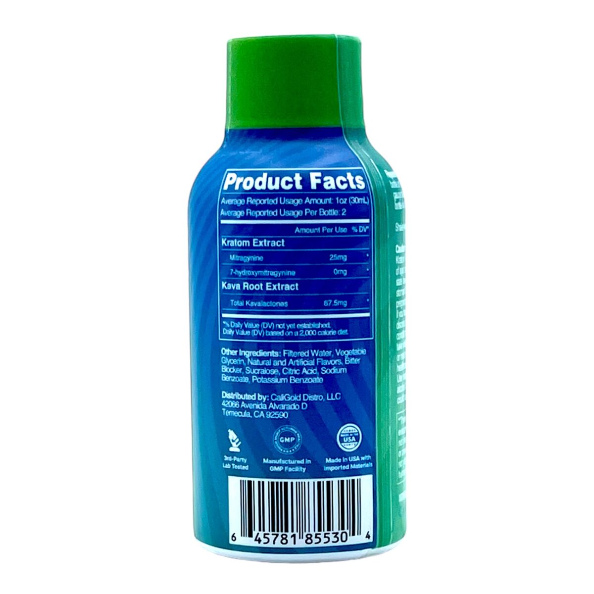back of bottle of Flayvorz Kratom Shot Tropical 155mg MIT 10mL (var 2)