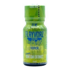 front of bottle of Flayvorz Kratom Shot Tropical 155mg MIT 10mL (var 2)
