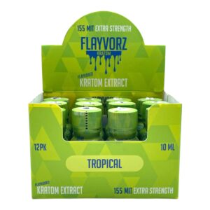 display box of Flayvorz Kratom Shot Tropical 155mg MIT 10mL (var 2)