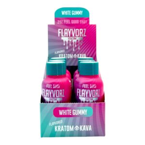 display box of Flayvorz Kratom Kava White Gummy Shot 50mg Kratom 500mg Kava 55mL