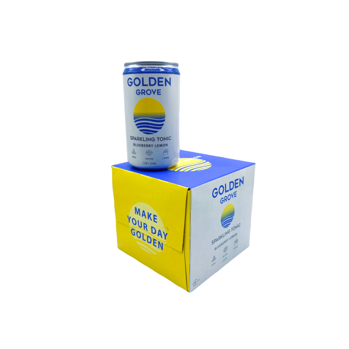display box next to can of Golden Grove Kratom Tonic Blueberry Lemon