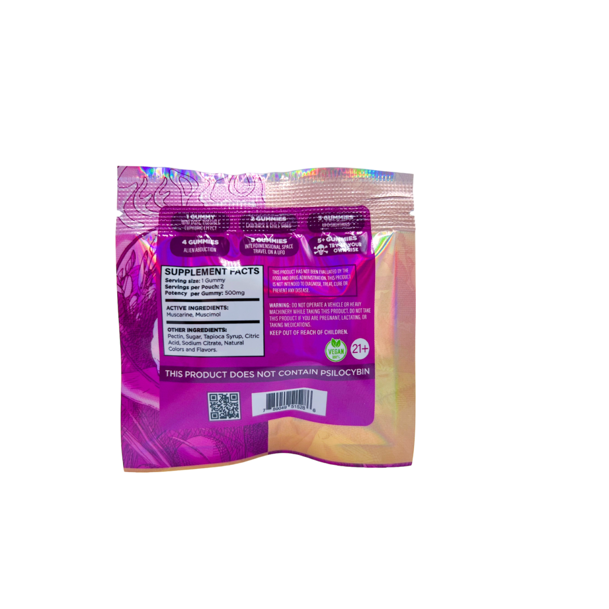 back of bag of Psyched Reishi Mushroom Gummies - 500mg - 2 Count