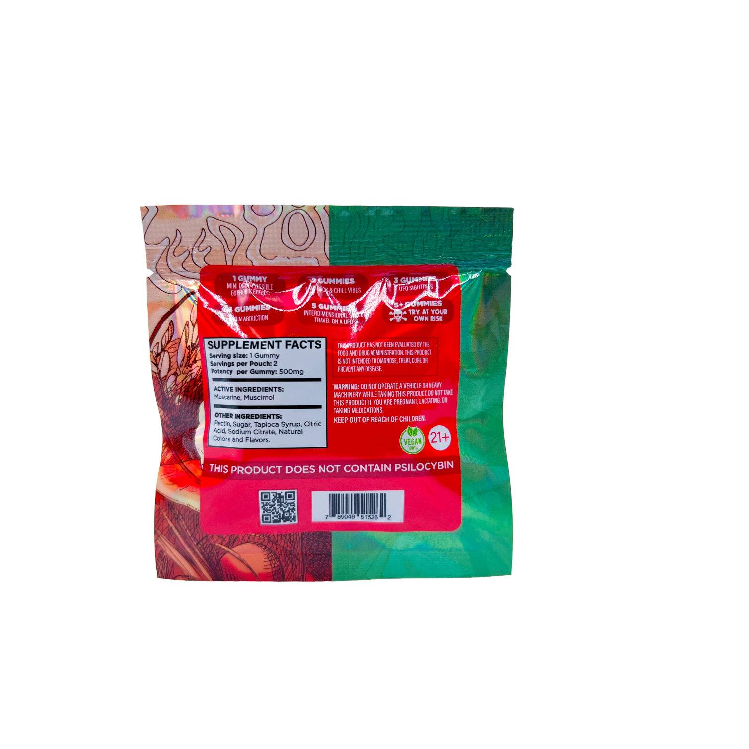 back of bag of Psyched Cordyceps Mushroom Gummies - 500mg - 2 Count (var 1)