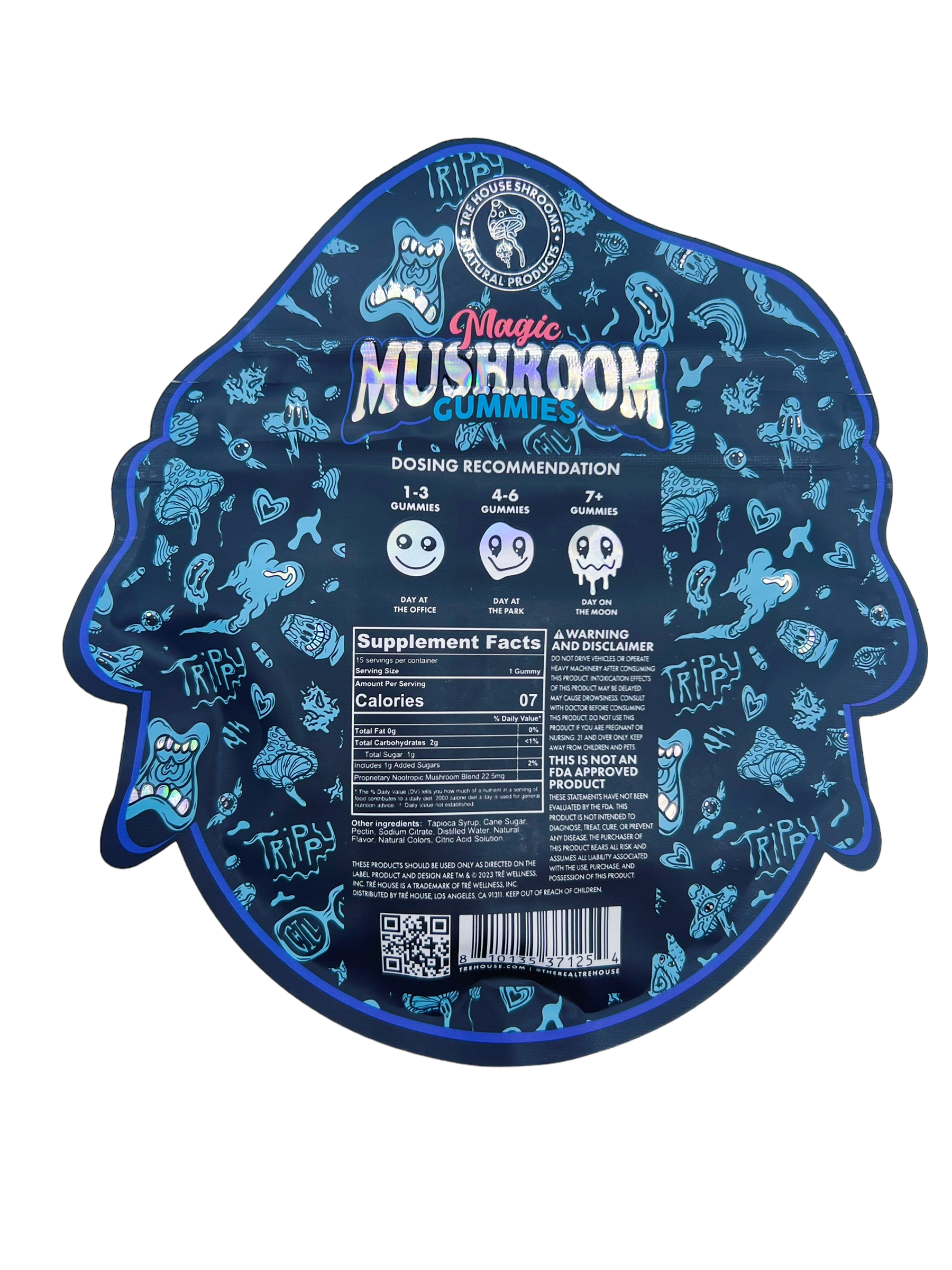 back of packet of Tre House Blue Raspberry Magic Mushroom Gummies