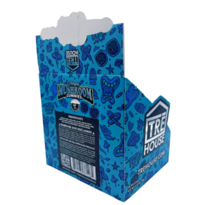 back of display box of Tre House Blue Raspberry Magic Mushroom Gummies