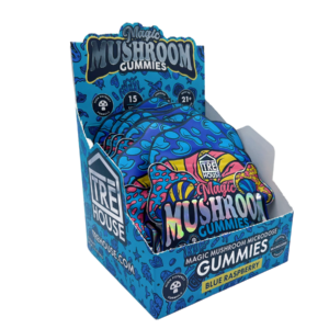 front of display case for Tre House Blue Raspberry Magic Mushroom Gummies