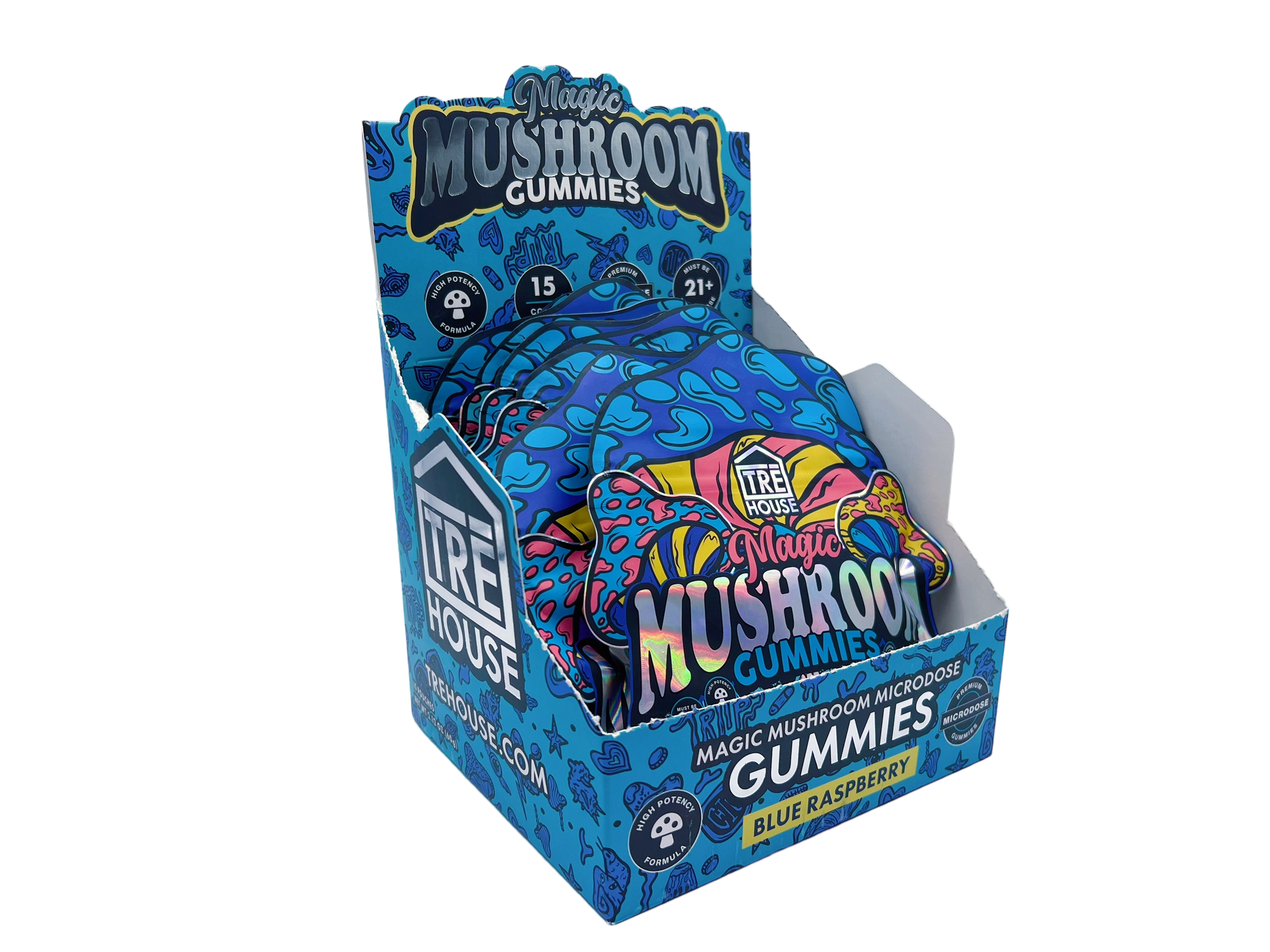front of display case for Tre House Blue Raspberry Magic Mushroom Gummies