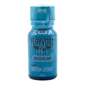 front of bottle of Flayvorz Kratom Shot Chocolate Mint 155mg MIT 10mL (var 1)