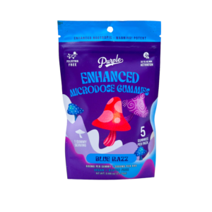 front of bag of Purple Mushroom Gummies Blue Razz