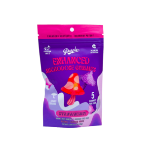 front of bag of Purple Mushroom Gummies Strawberry