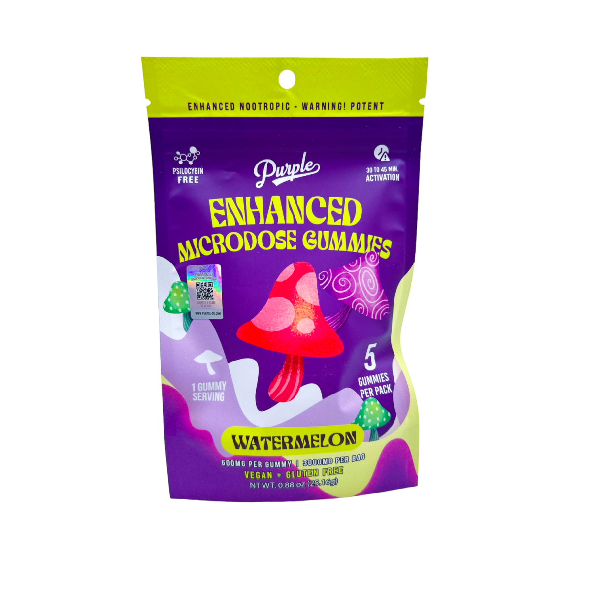 front of bag of Purple Mushroom Gummies Watermelon
