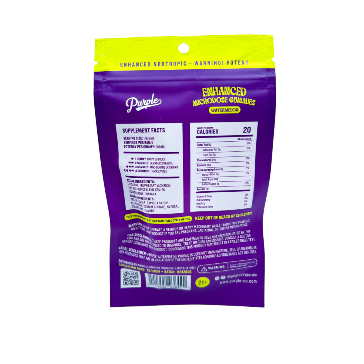 back of bag of Purple Mushroom Gummies Watermelon