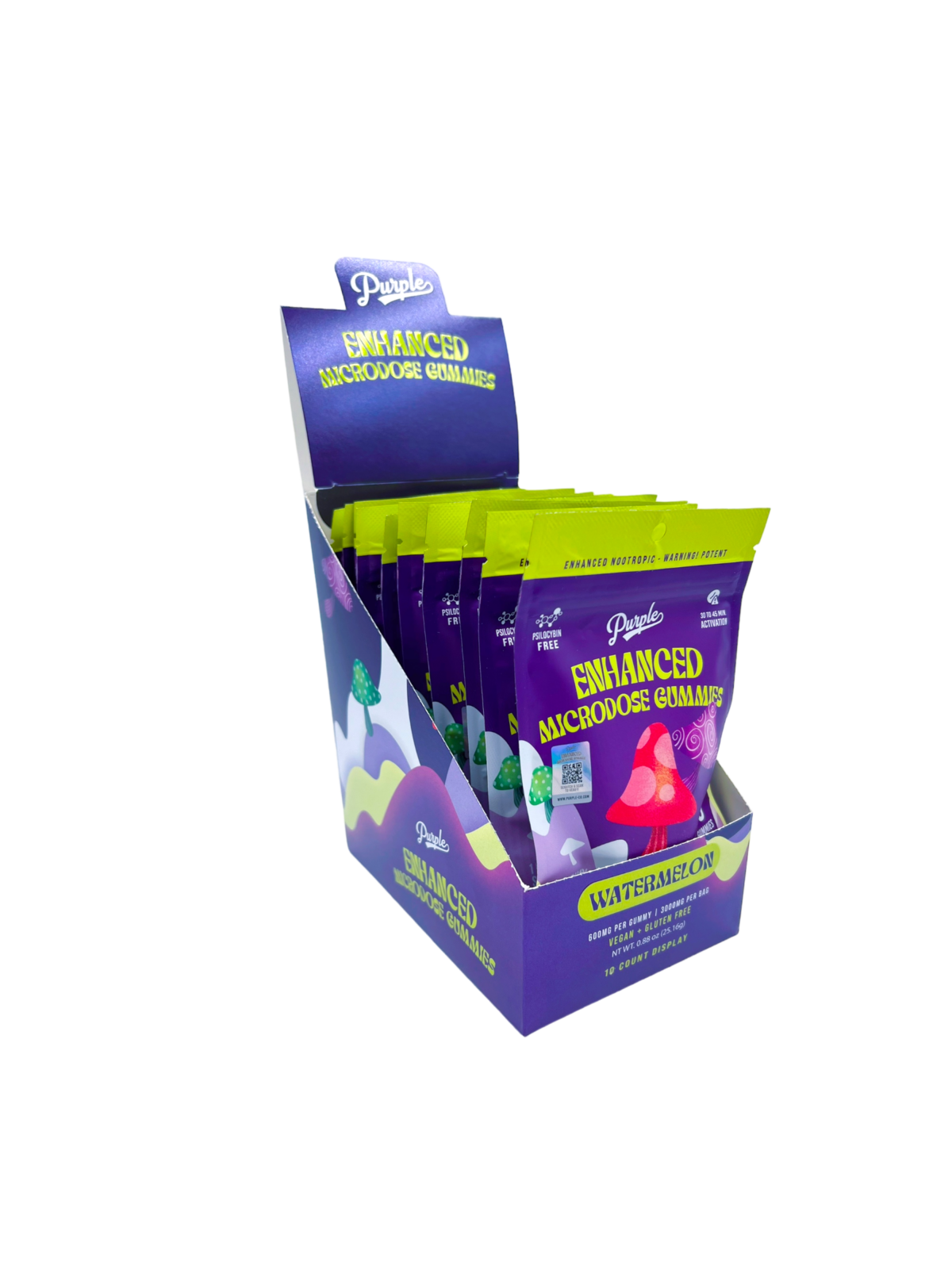 front of box of Purple Mushroom Gummies Watermelon