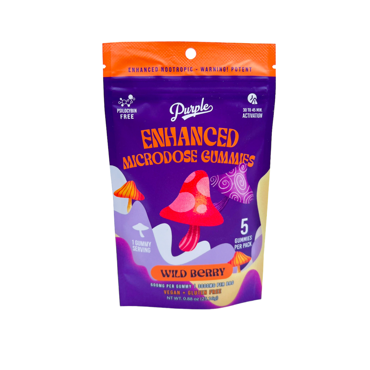 front of bag of Purple Mushroom Gummies Wild Berry