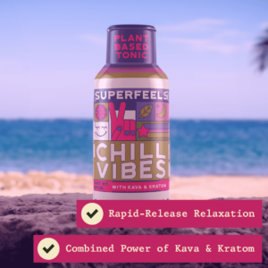 bottle of Super Feels Relax Kava Kratom Shot 35mg Kratom 25mg Kava 60mL on a beach
