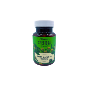 front of smaller bottle of Super Speciosa Kratom Capsules Green Maeng Da