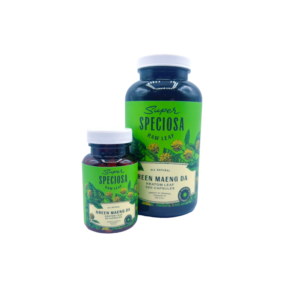 two bottle sizes of Super Speciosa Kratom Capsules Green Maeng Da